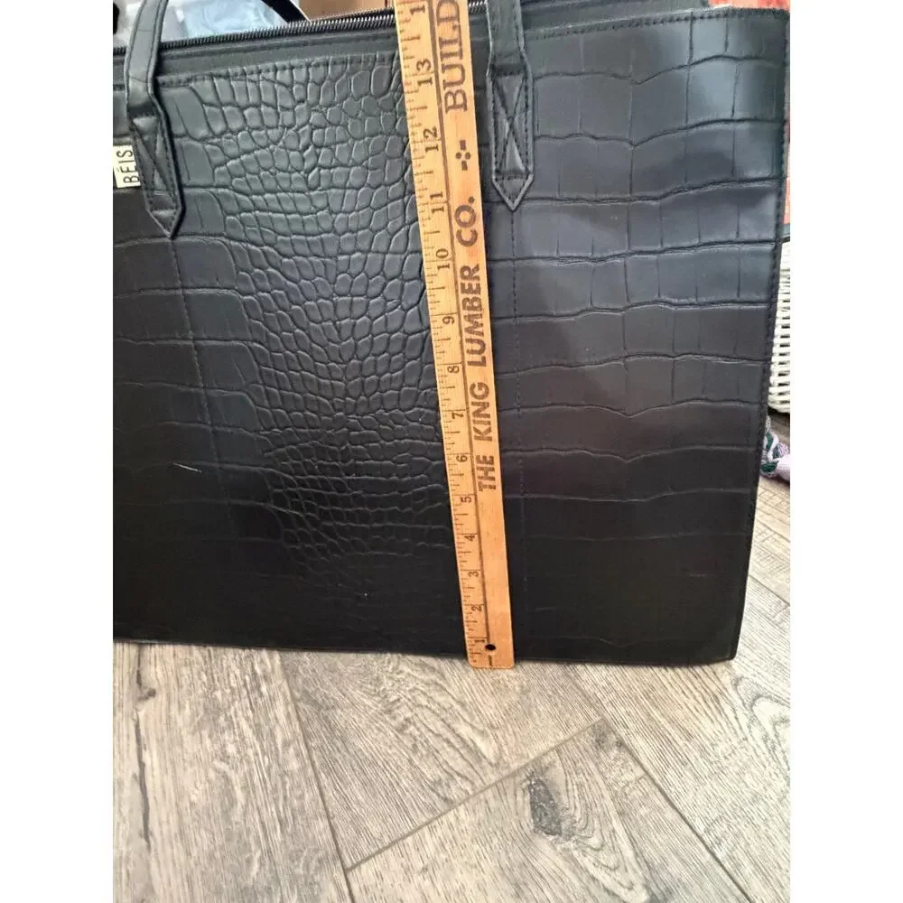 Beis The Work Tote Handbag Black Croc Faux Vegan Leather Shoulder Strap